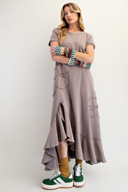Easel Solid Color Mineral Washed Knit Maxi Dress with Daisy Patches in Ash