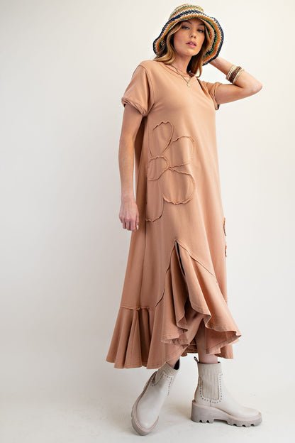 Easel Solid Color Knit Maxi Dress with Daisy Patches in Almond