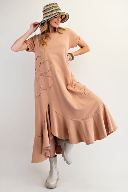 Easel Solid Color Knit Maxi Dress with Daisy Patches in Almond