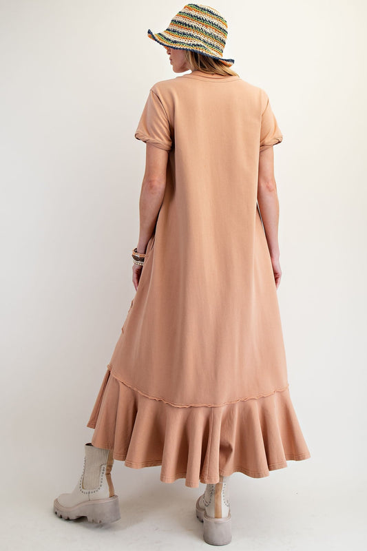 Easel Solid Color Knit Maxi Dress with Daisy Patches in Almond