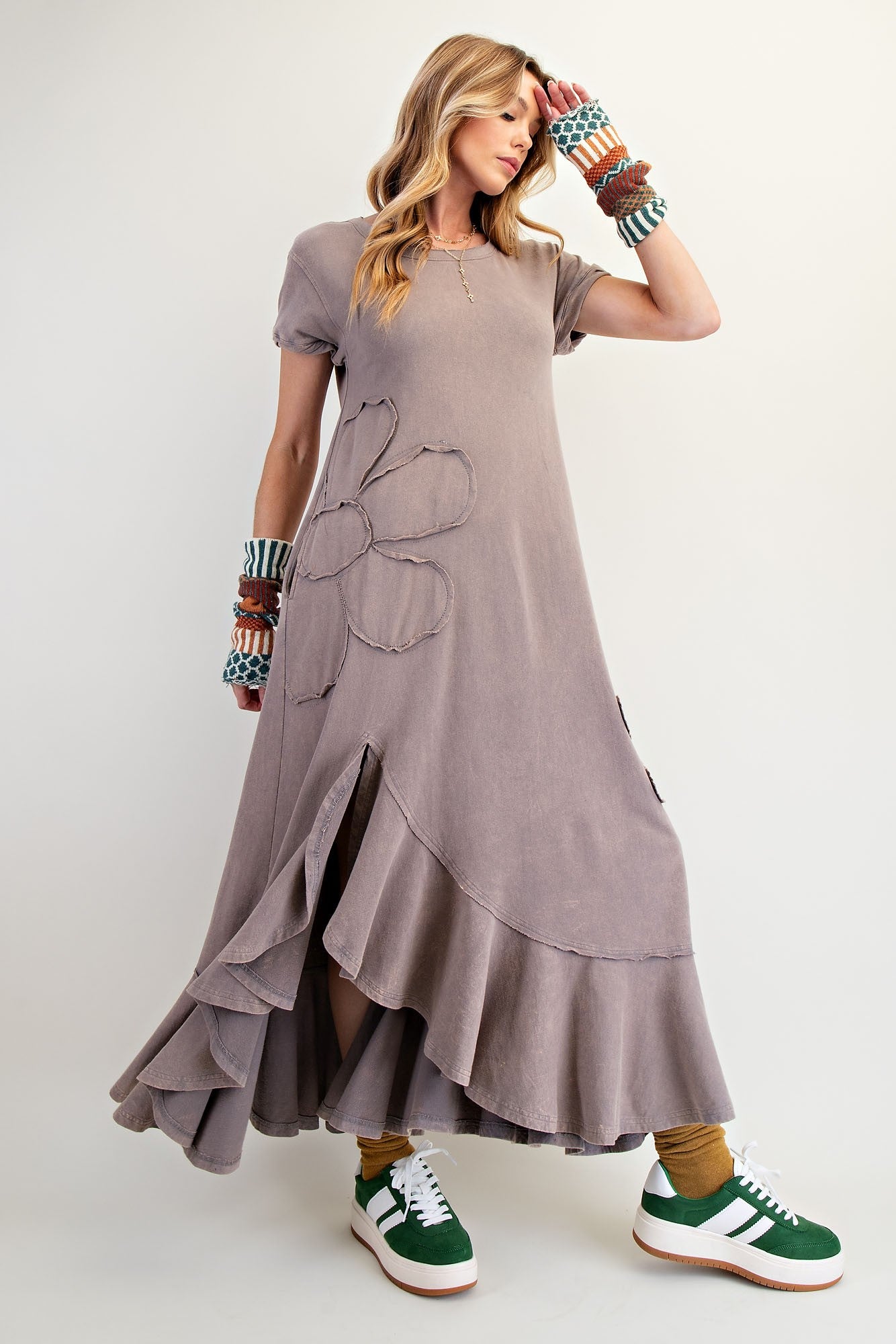 Easel Solid Color Mineral Washed Knit Maxi Dress with Daisy Patches in Ash