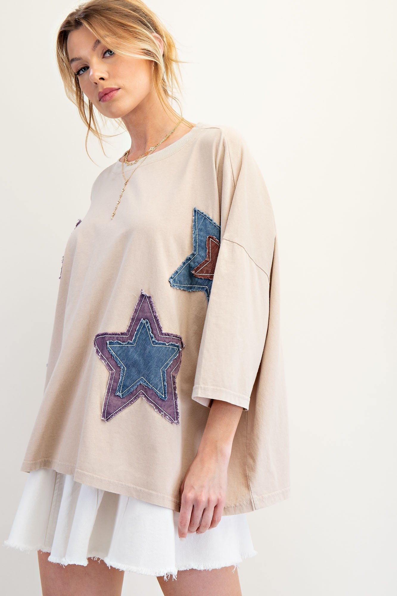 Easel OVERSIZED Multi Layered Star Patched Top in Khaki