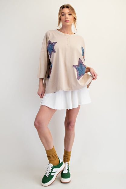Easel OVERSIZED Multi Layered Star Patched Top in Khaki
