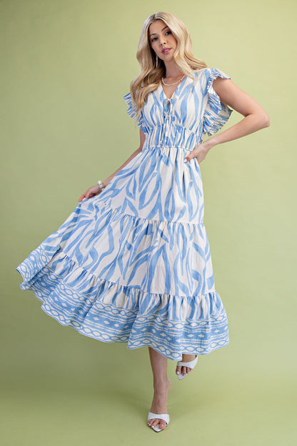 GiGio Mixed Print Elastic Waist Midi Dress in Sky Mix