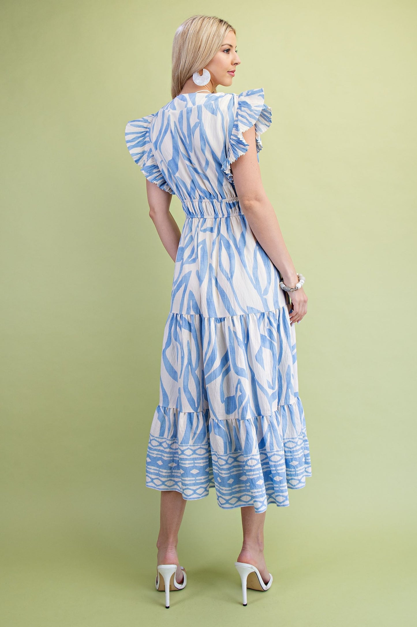 GiGio Mixed Print Elastic Waist Midi Dress in Sky Mix