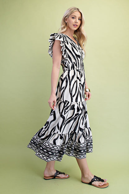 GiGio Mixed Print Elastic Waist Midi Dress in Black Mix