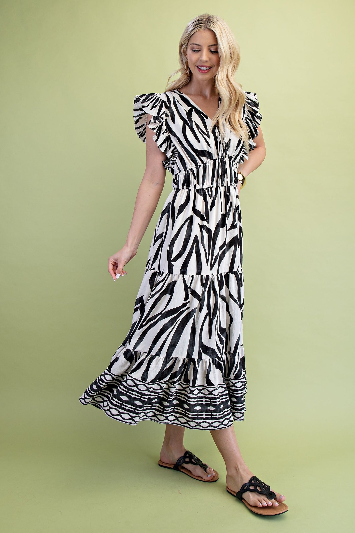 GiGio Mixed Print Elastic Waist Midi Dress in Black Mix