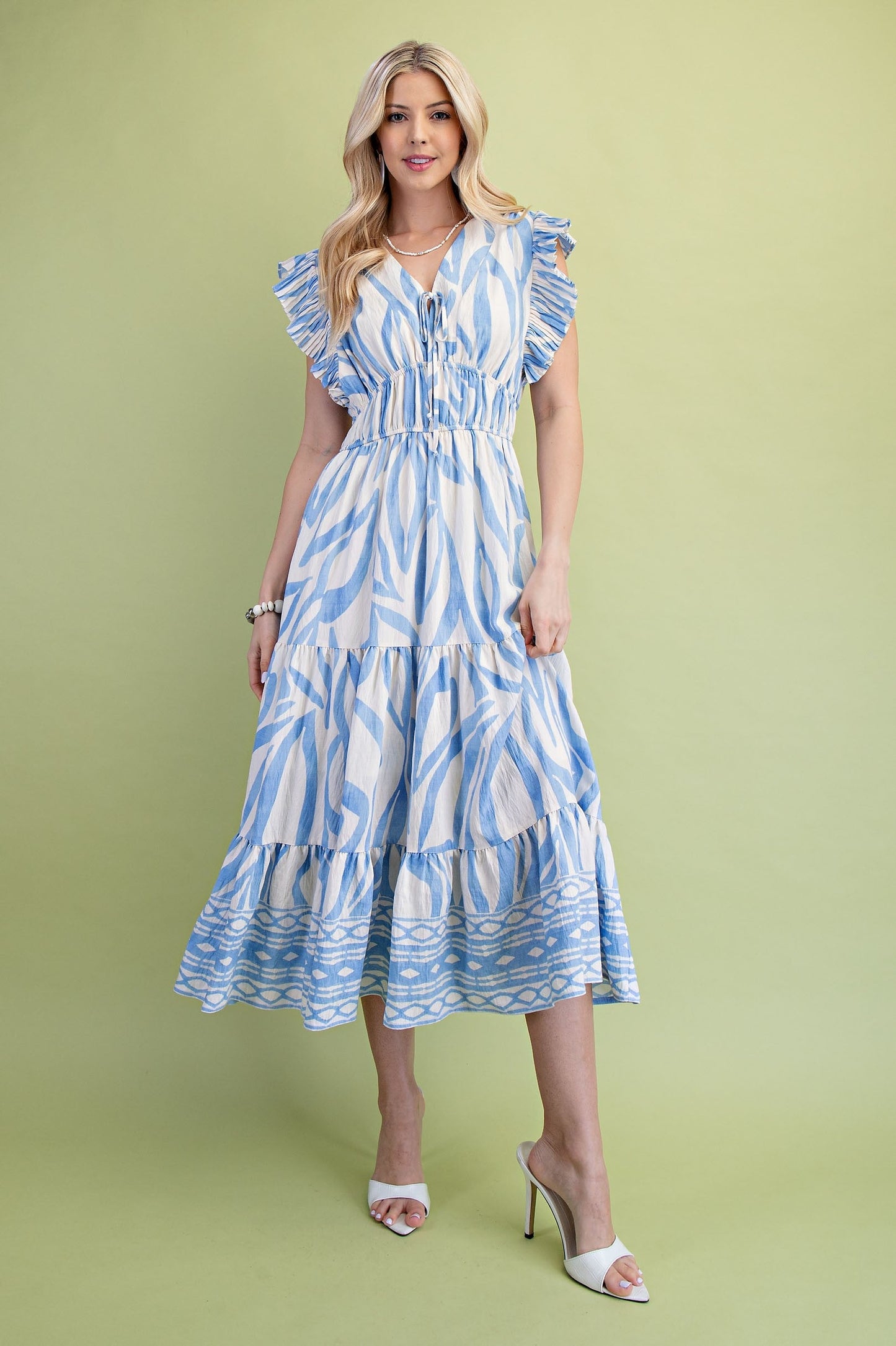 GiGio Mixed Print Elastic Waist Midi Dress in Sky Mix