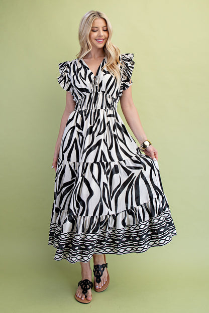 GiGio Mixed Print Elastic Waist Midi Dress in Black Mix