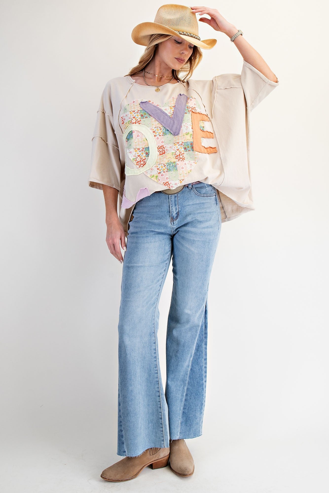 Easel OVERSIZED Heart and Love Patched Top in Light Khaki