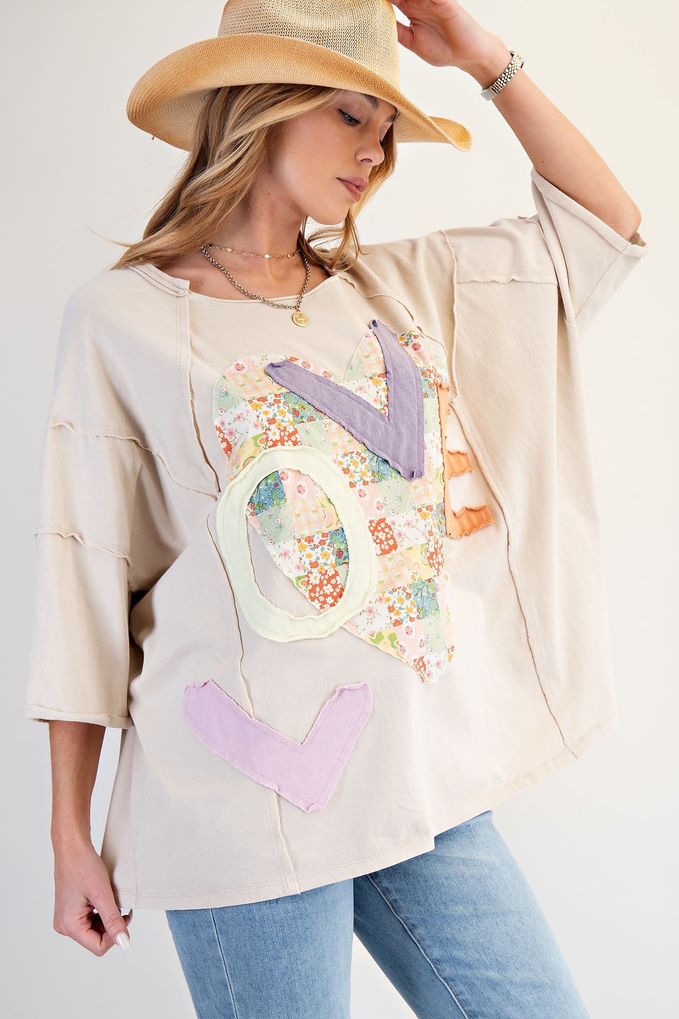 Easel OVERSIZED Heart and Love Patched Top in Light Khaki
