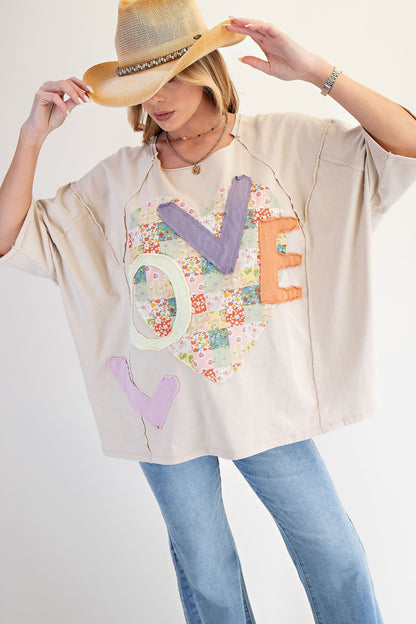 Easel OVERSIZED Heart and Love Patched Top in Light Khaki