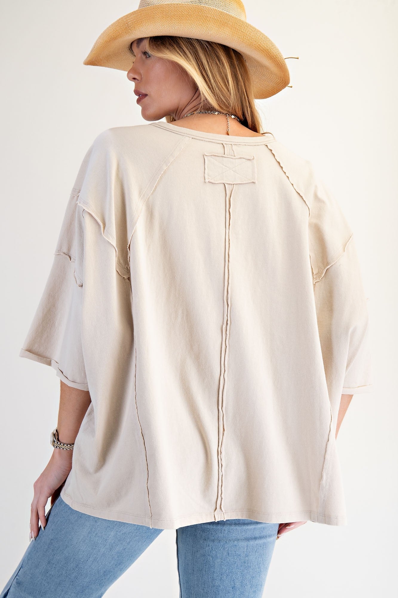 Easel OVERSIZED Heart and Love Patched Top in Light Khaki