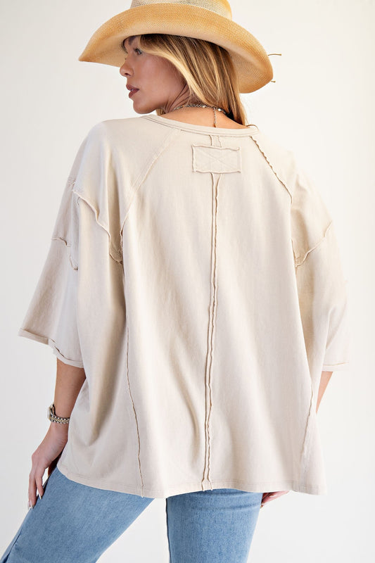 Easel OVERSIZED Heart and Love Patched Top in Light Khaki