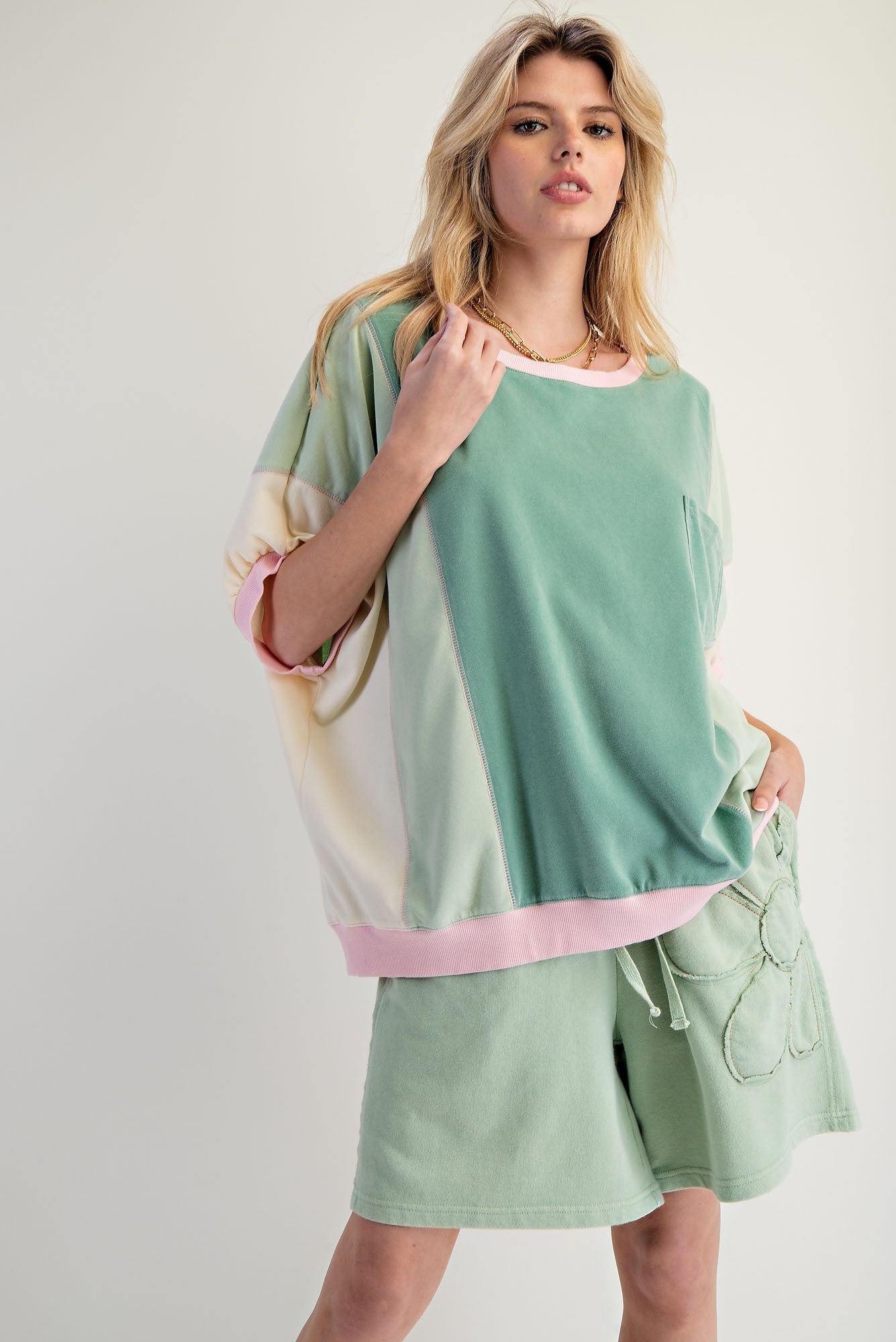 Easel OVERSIZED Terry Knit Color Block Top in Sage