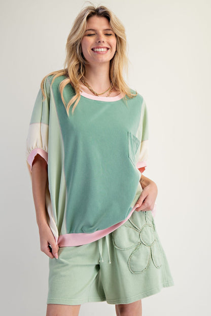Easel OVERSIZED Terry Knit Color Block Top in Sage