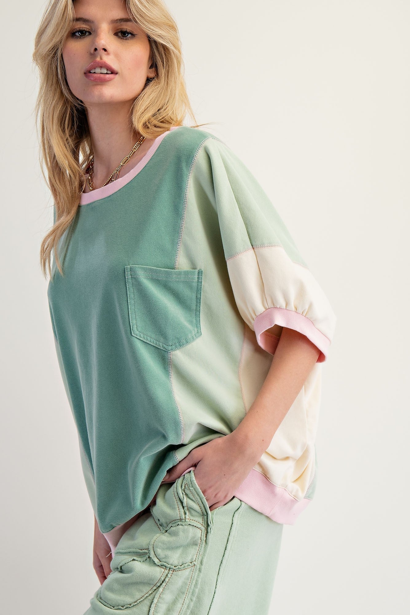 Easel OVERSIZED Terry Knit Color Block Top in Sage