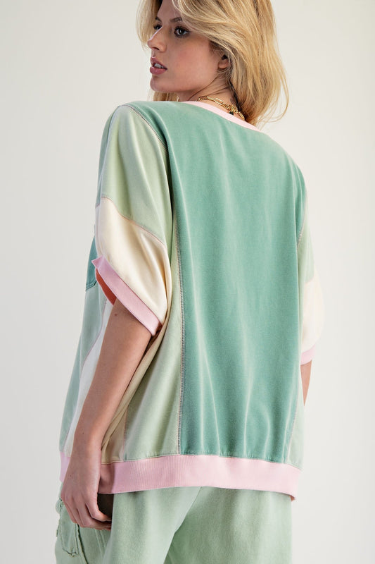 Easel OVERSIZED Terry Knit Color Block Top in Sage