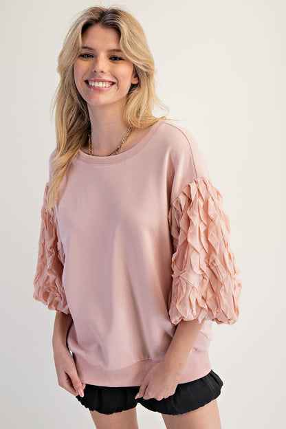 Easel Terry Knit Top with Organza Bubble Sleeves in Vintage Rose