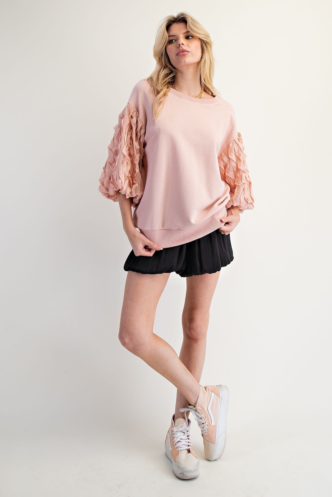 Easel Terry Knit Top with Organza Bubble Sleeves in Vintage Rose