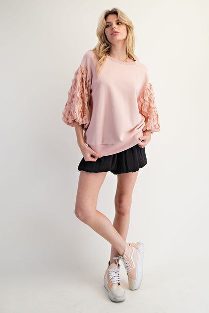 Easel Terry Knit Top with Organza Bubble Sleeves in Vintage Rose
