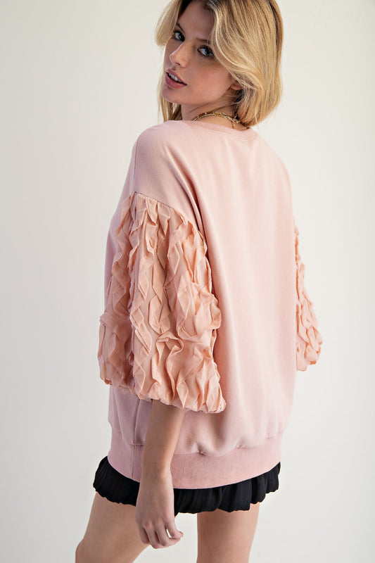 Easel Terry Knit Top with Organza Bubble Sleeves in Vintage Rose