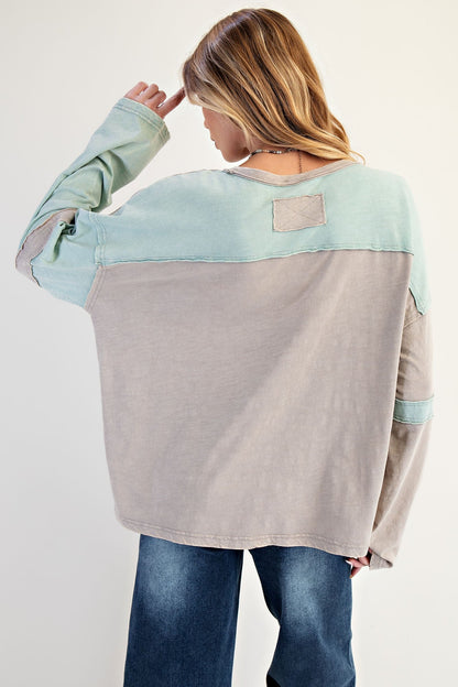 Easel Color Block Cotton Top with Patches in Mint Combo