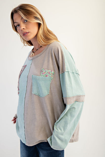 Easel Color Block Cotton Top with Patches in Mint Combo