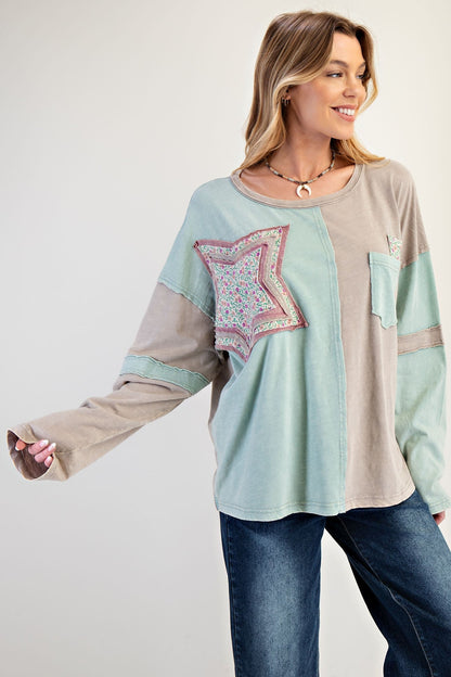 Easel Color Block Cotton Top with Patches in Mint Combo