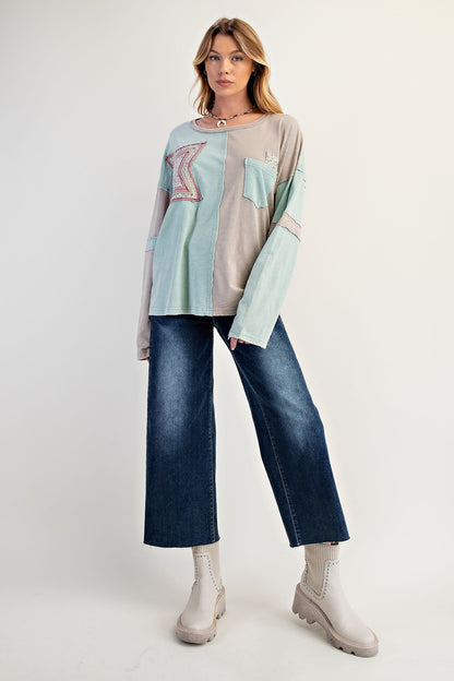 Easel Color Block Cotton Top with Patches in Mint Combo