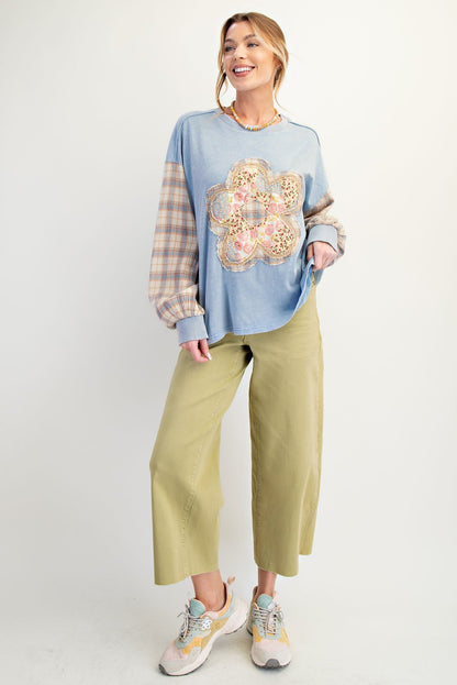 Easel Mineral Washed Flower Patch Front Cotton Top in Peri Blue