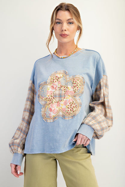 Easel Mineral Washed Flower Patch Front Cotton Top in Peri Blue