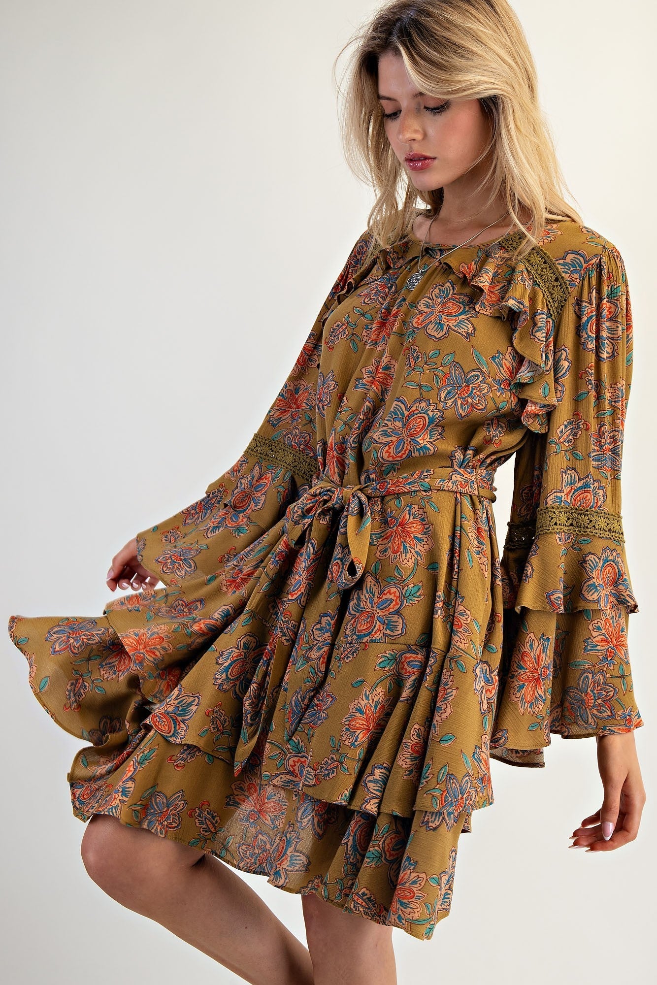 Easel Exclusive Floral Print Mini Dress in Martini Olive