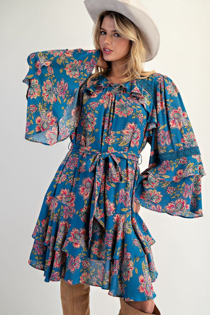 Easel Exclusive Floral Print Mini Dress in Teal