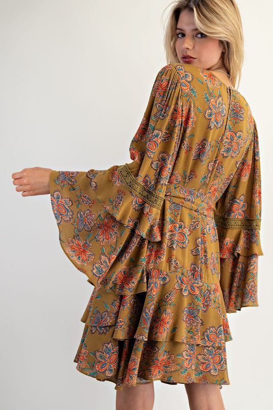 Easel Exclusive Floral Print Mini Dress in Martini Olive