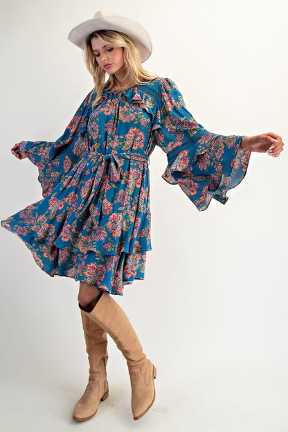 Easel Exclusive Floral Print Mini Dress in Teal