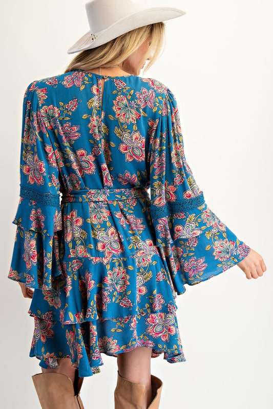 Easel Exclusive Floral Print Mini Dress in Teal