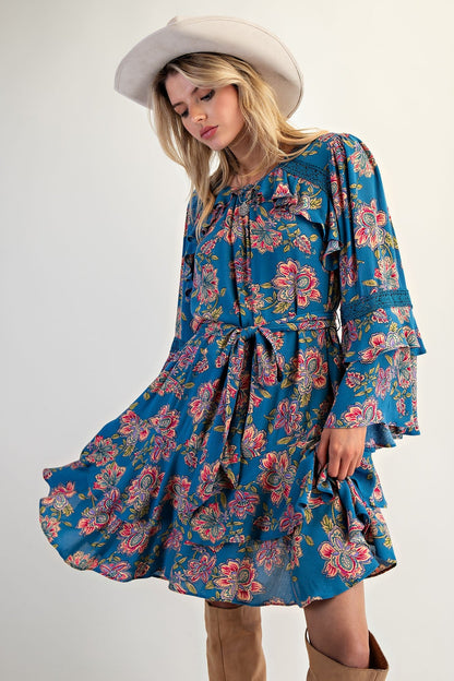 Easel Exclusive Floral Print Mini Dress in Teal