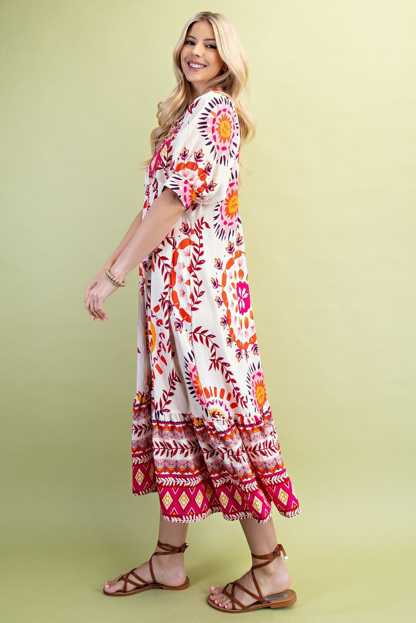 GiGio Mixed Abstract Print Midi Dress in Cream/Pink