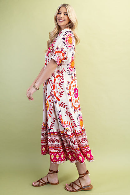 GiGio Mixed Abstract Print Midi Dress in Cream/Pink