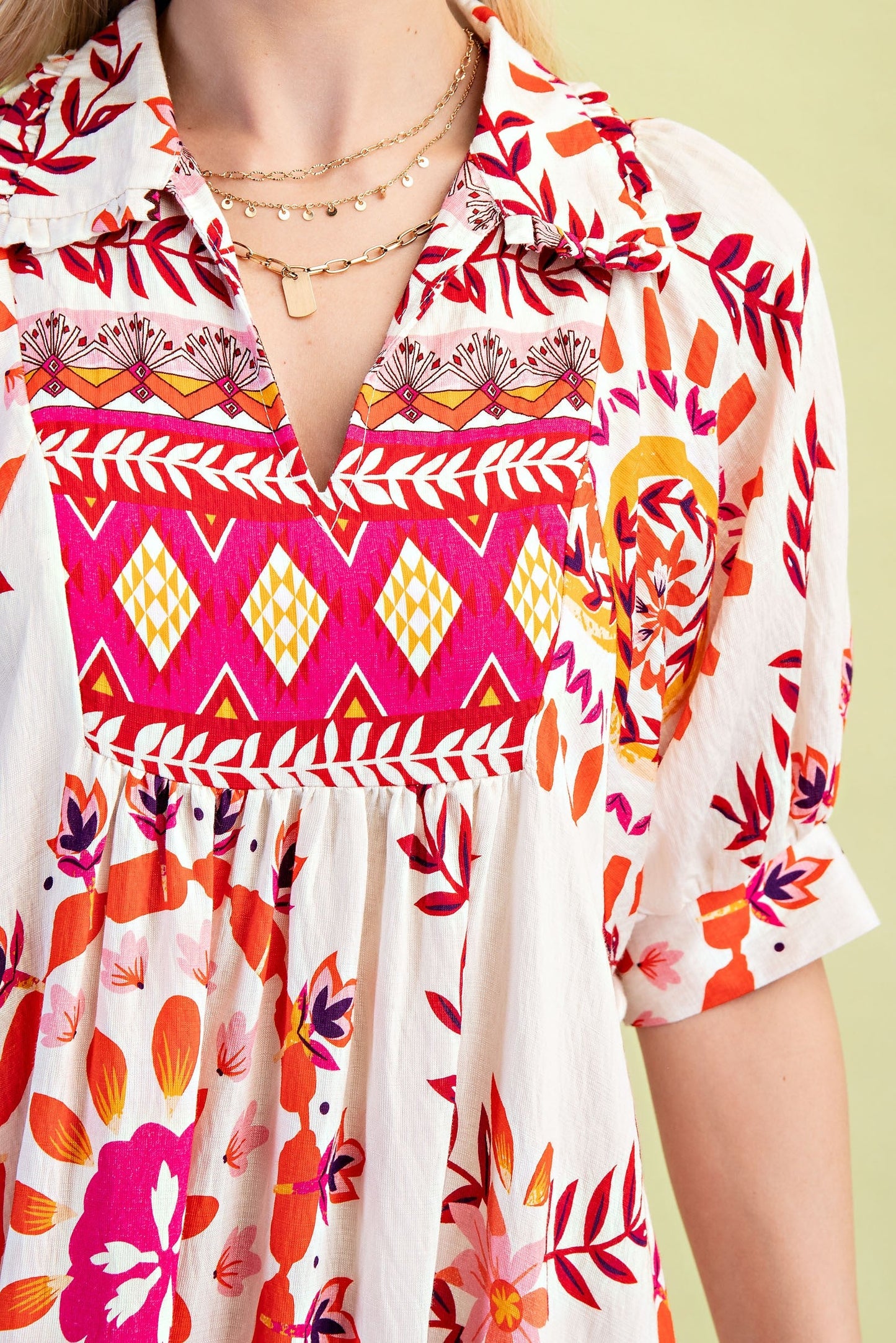 GiGio Mixed Abstract Print Midi Dress in Cream/Pink