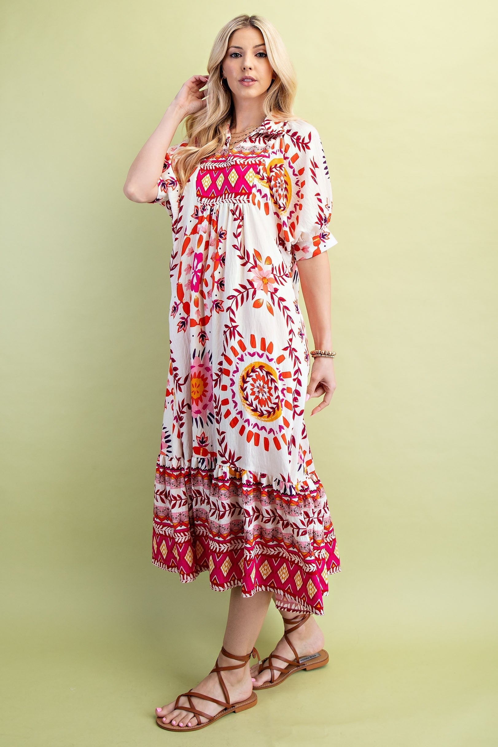GiGio Mixed Abstract Print Midi Dress in Cream/Pink