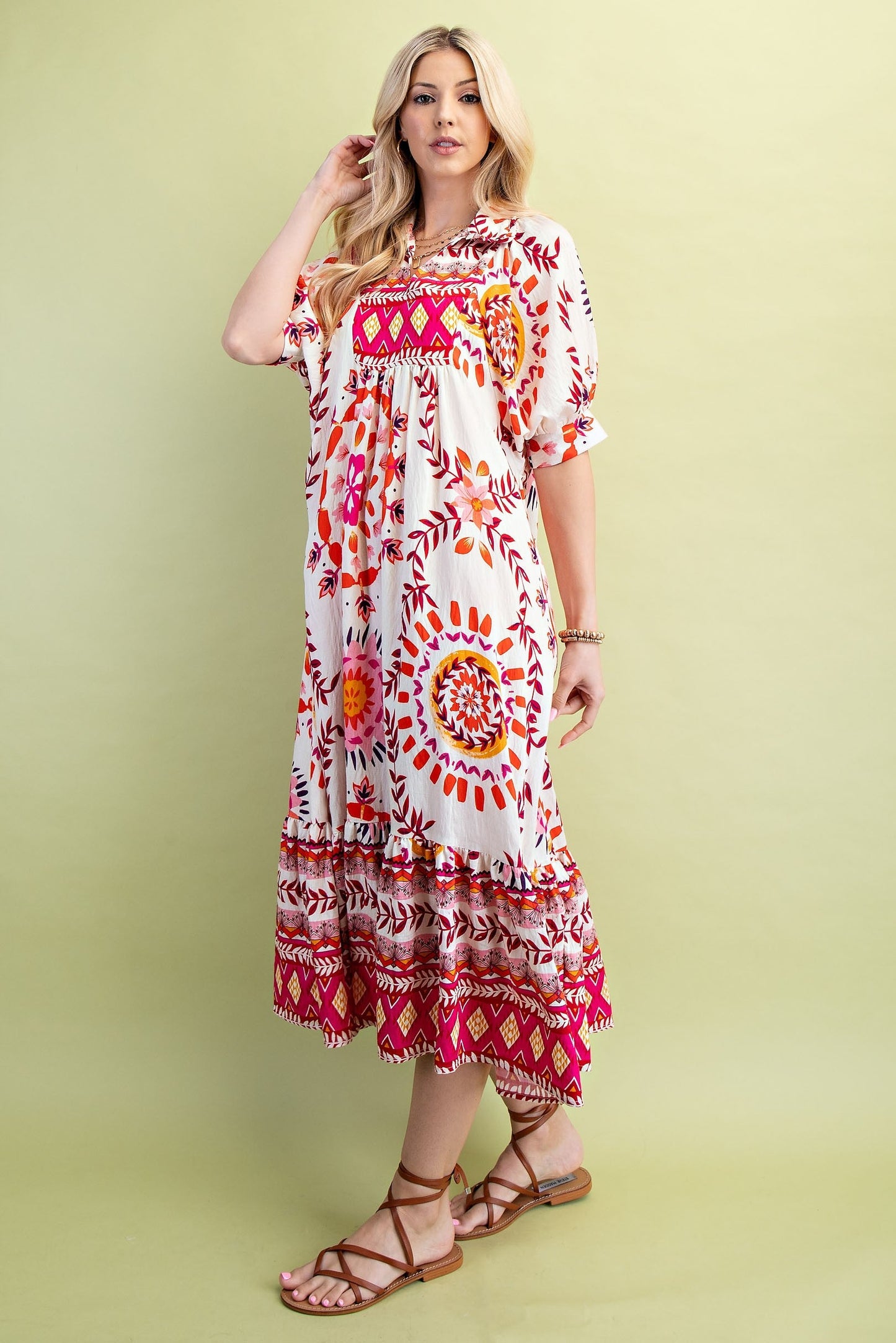 GiGio Mixed Abstract Print Midi Dress in Cream/Pink