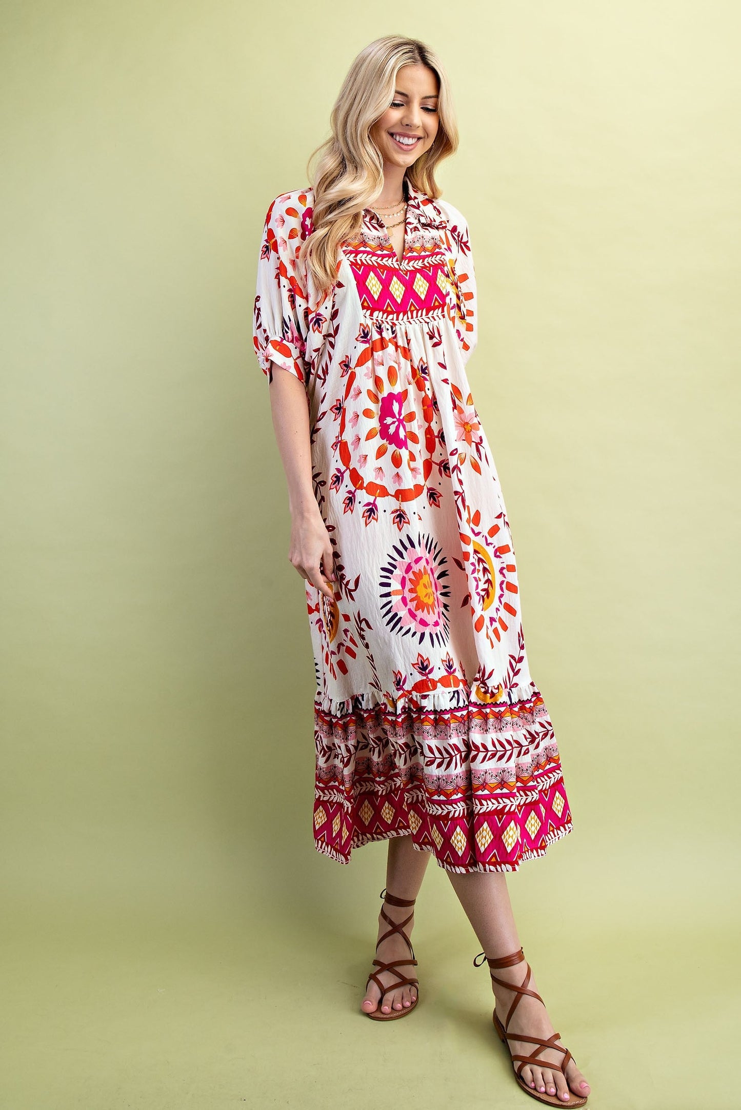GiGio Mixed Abstract Print Midi Dress in Cream/Pink