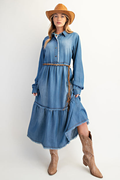 Easel OVERSIZED Tiered Maxi Dress in Dark Denim