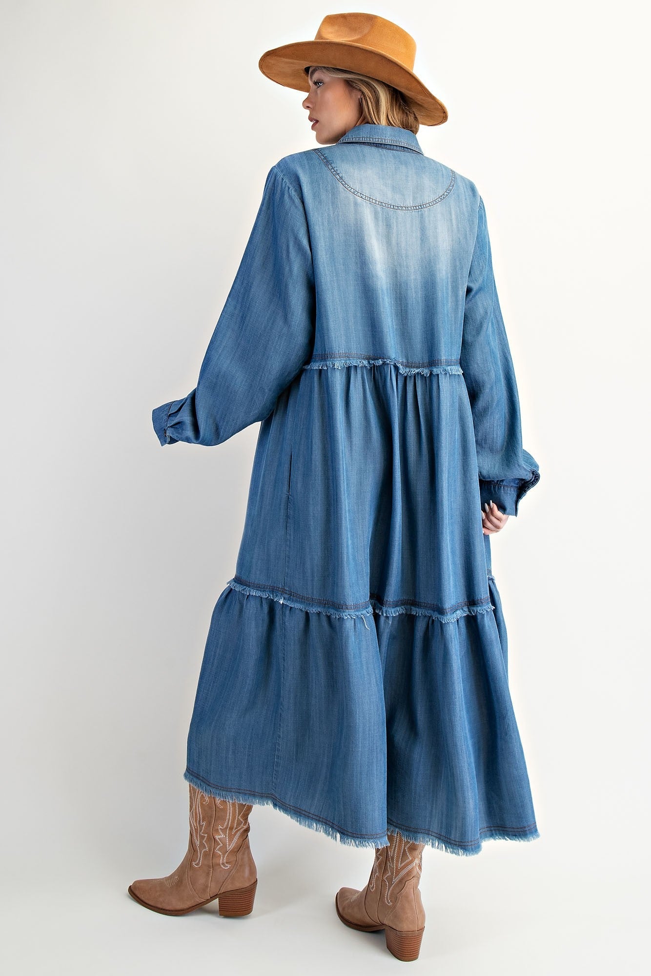 Easel OVERSIZED Tiered Maxi Dress in Dark Denim