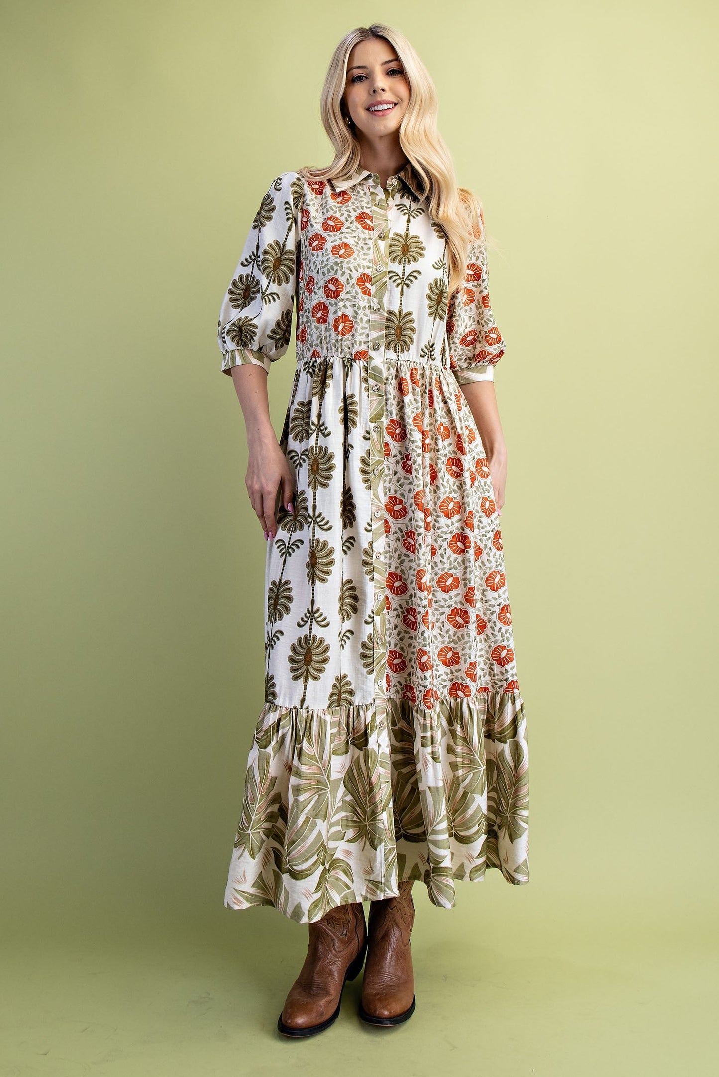 GiGio Mixed Print Button Down Front Maxi Dress in Olive Mix