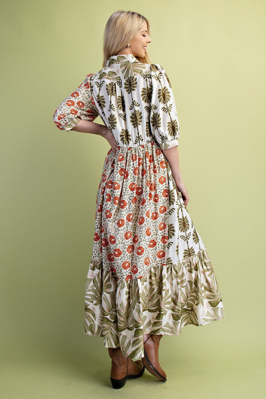 GiGio Mixed Print Button Down Front Maxi Dress in Olive Mix