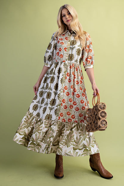 GiGio Mixed Print Button Down Front Maxi Dress in Olive Mix