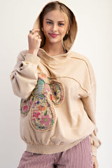 Easel Terry Knit Flower Patched Pullover Hoodie in Latte